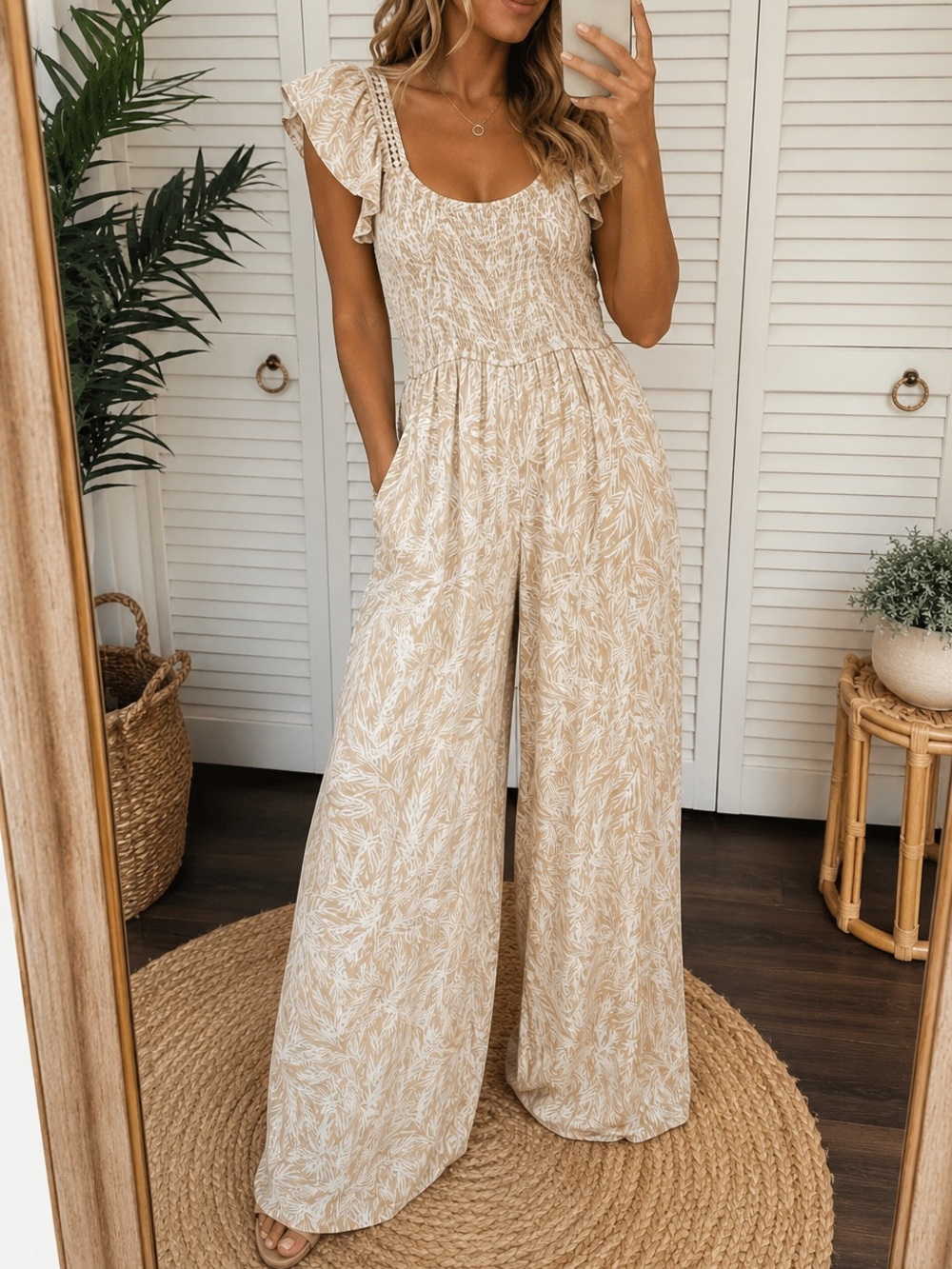 Boho Tropical Wide Leg Jumpsuit Beachy Coastal Resort Cottagecore Medium - Picture 1 of 11